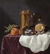 simon luttichuys Bread and an Orange resting on a Draped Ledge painting